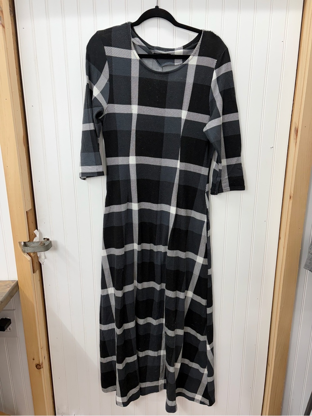 Reborn Black & Gray Plaid long sleeve Maxi stretchy Dress